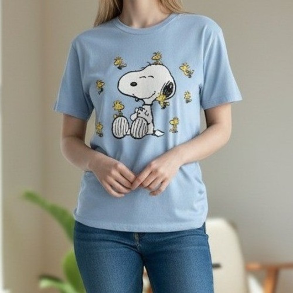 Peanuts Snoopy Woodstock T-Shirt Medium Size L Women Blue Embroidered Graphic